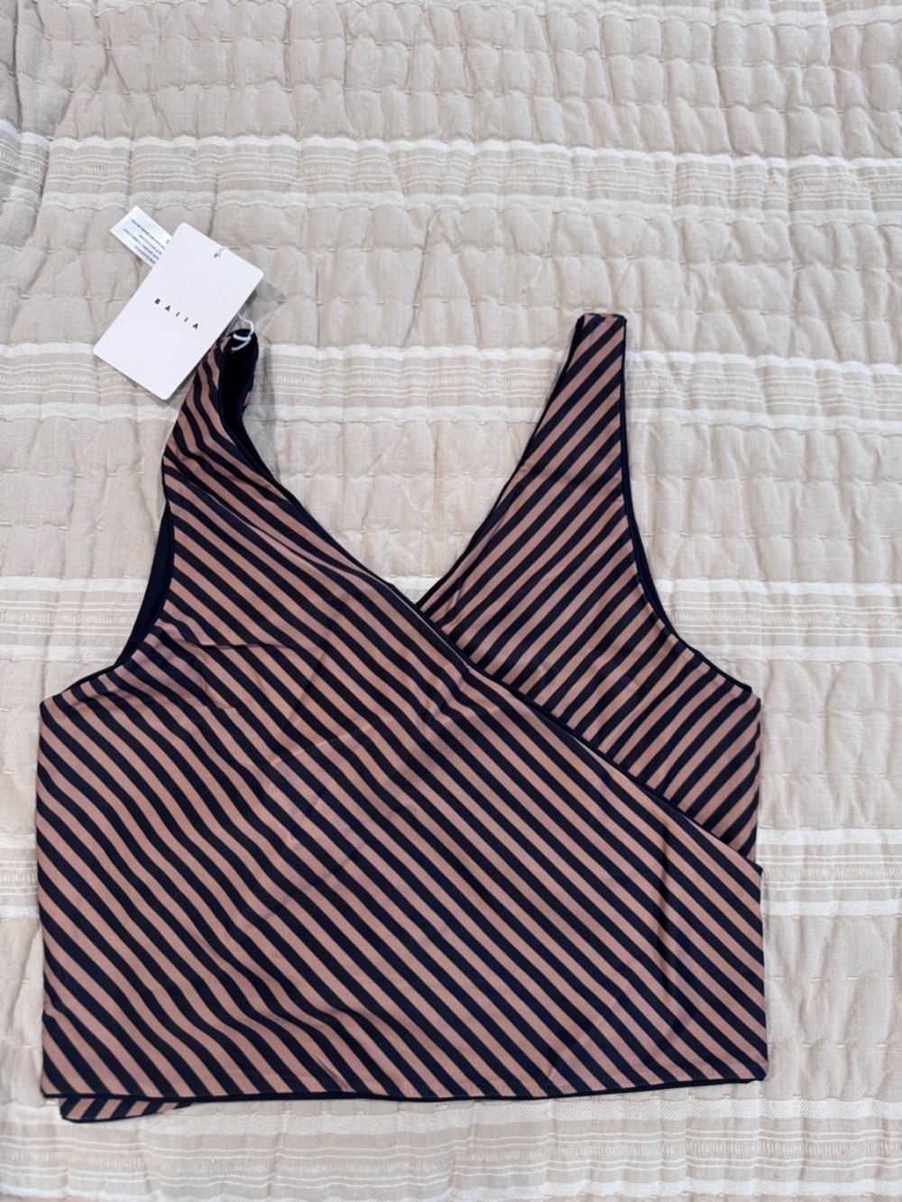 Baiia Wrap-Front Top Swim in Black and Tan Stripe w/ sash